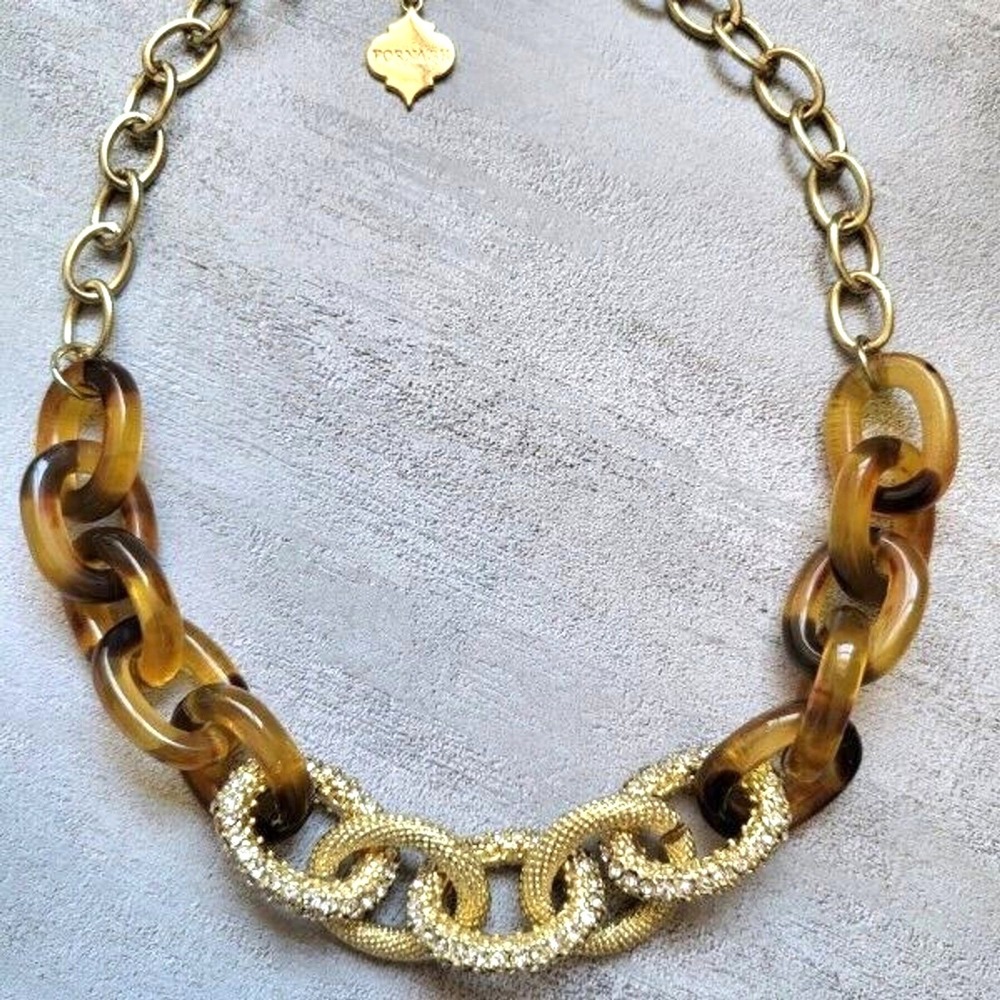 Fornash Chunky Tortoise Resin Goldtone Links with Crystals Statement‎ Necklace